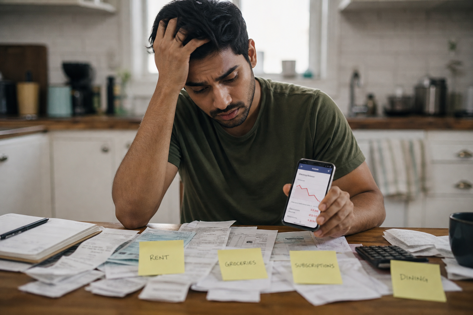 Stressed person reviewing bills and receipts at home, worried about overspending