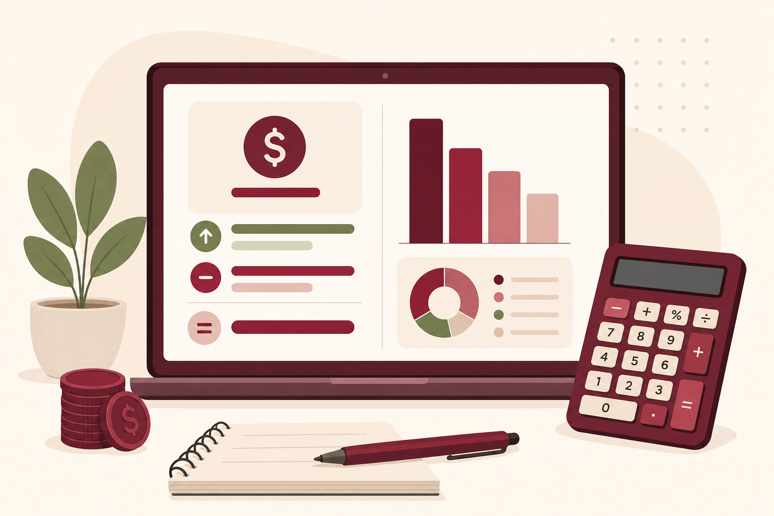 Freelancer reviewing income and expense categories on a desktop budget dashboard