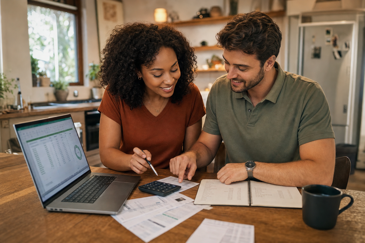 Couple reviewing a shared monthly budget together at a dining table