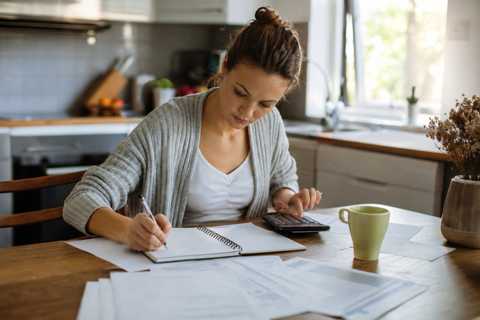Real person at home reviewing monthly bills and calculating a budget with a calculator